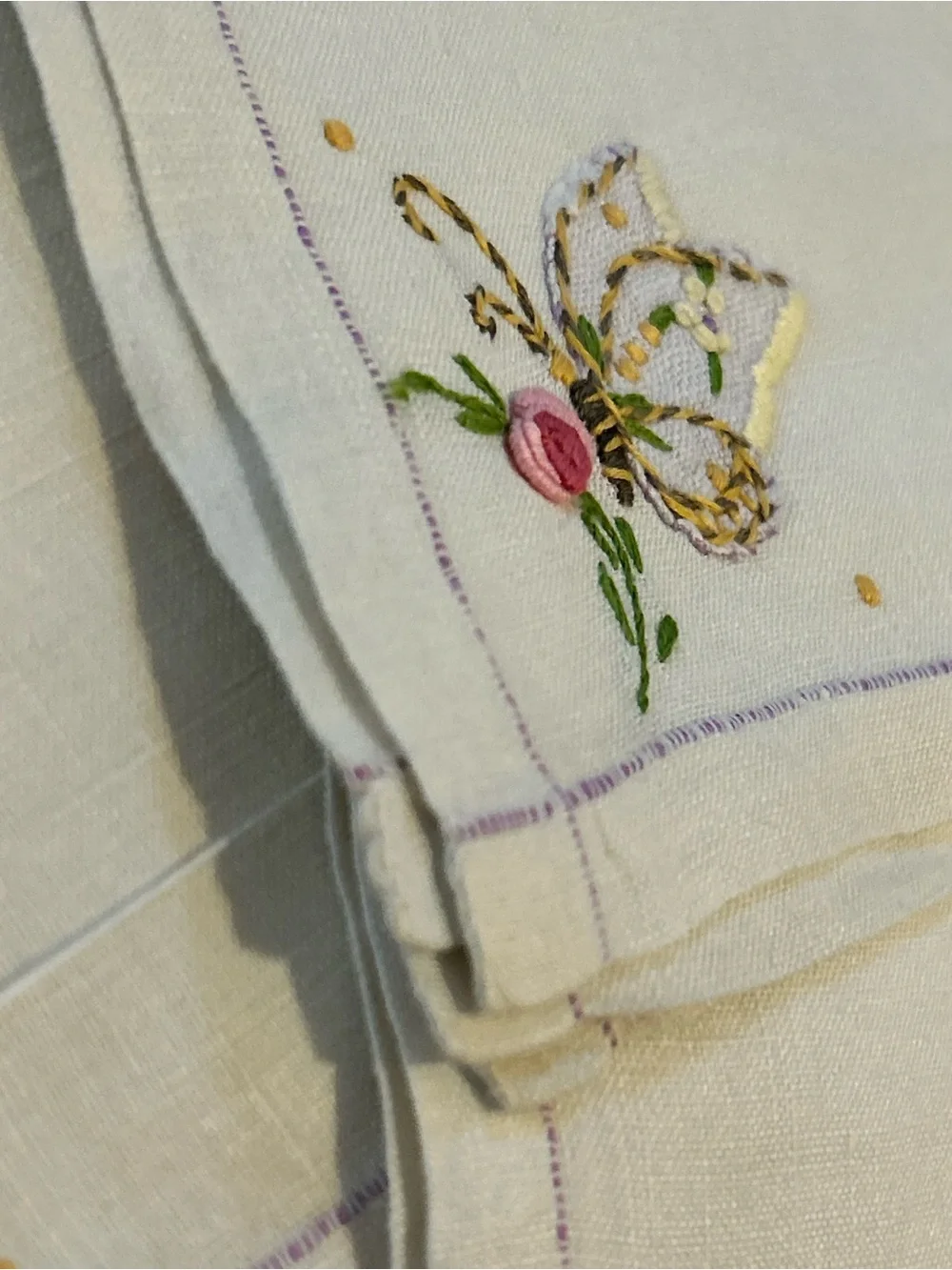 Vintage Embroidered Butterfly Linen Napkins purple stitch trim